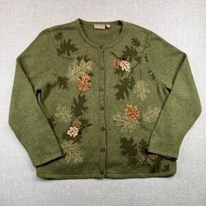 Croft & Barrow Leaf Embroidered Knit Cardigan Sweater Women XL Green Cottage